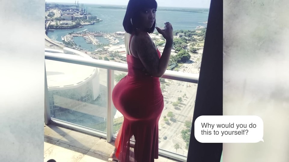 Woman in red dress on balcony with city view; text overlay asks "Why would you do this to yourself?"