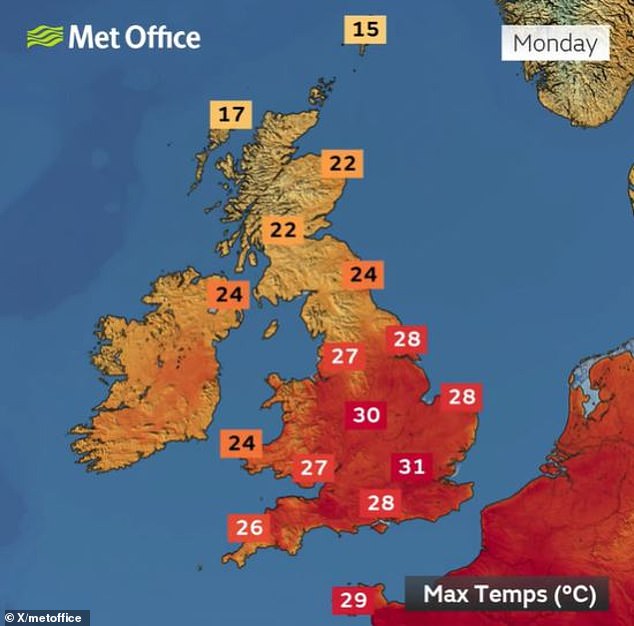 A weather map has revealed the spots which will hit 30C heat on Monday as Britain braces itself for a fourth heatwave of the year