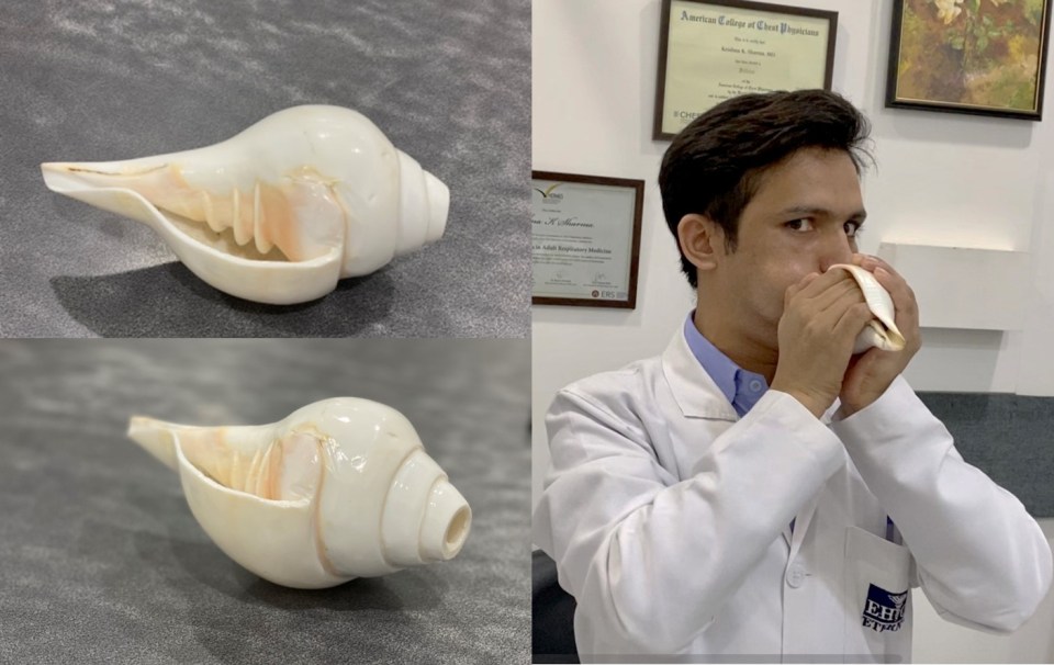 Collage of a conch shell and a man blowing into a conch shell.
