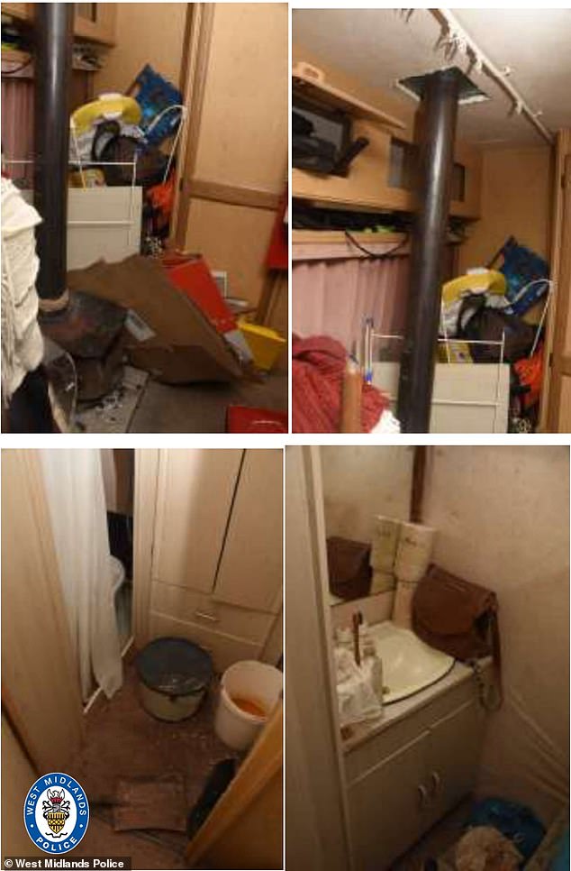 Pictures from West Midlands Police show the dirty, cramped conditions in the caravan