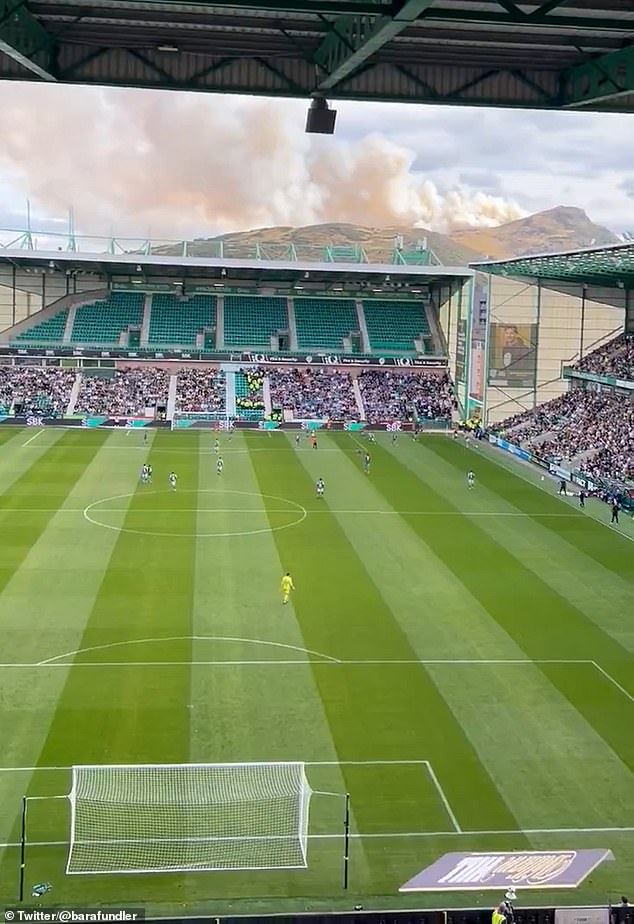 The Fire at Arthur's Seat seen from Easter Road stadium where Hibernian were playing Kilmarnock