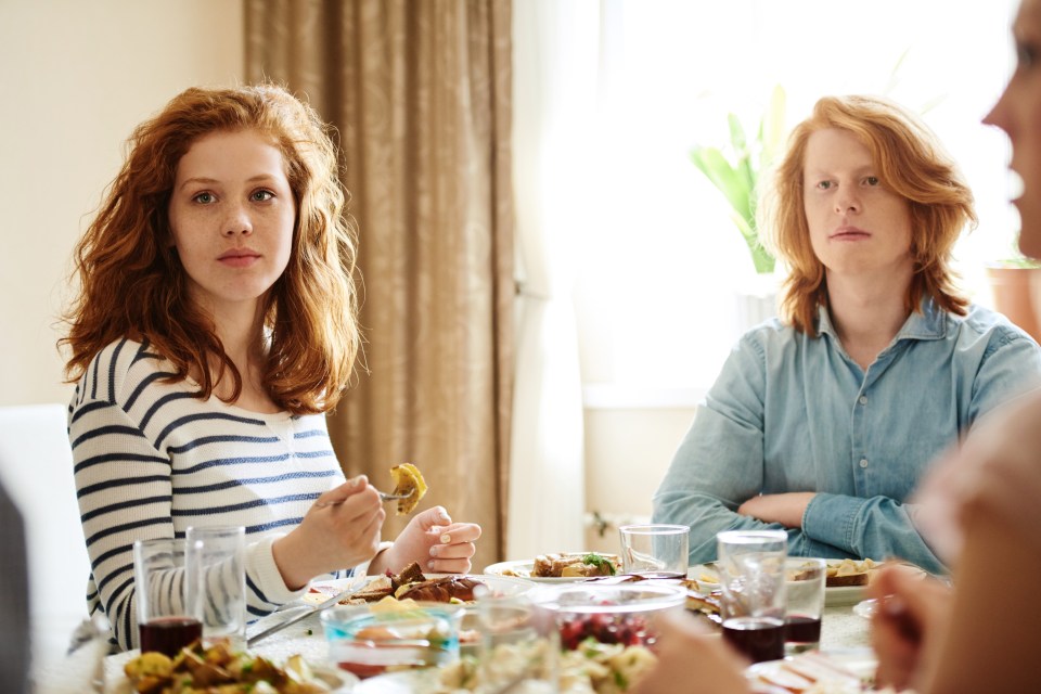 Red-haired teenage siblings sitting at a family dinner table.