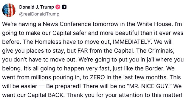 Trump's Truth Social post also included pictures of tents and D.C. streets with garbage on them