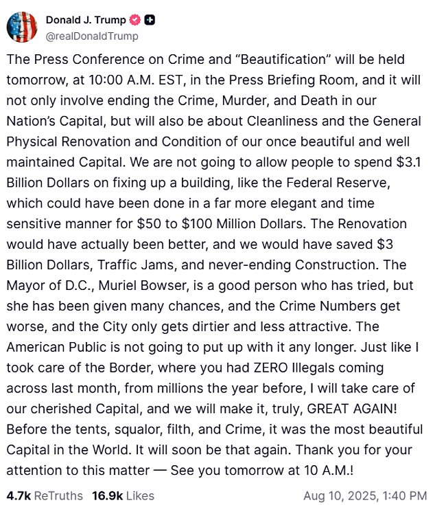Trump posted a lengthy and rambling tweet suggesting how he would improve the capital