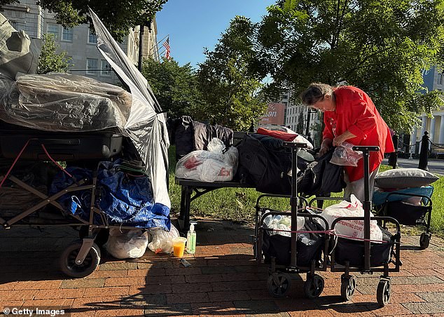 An unhoused person looks though their belongings in Freedom Plaza last month