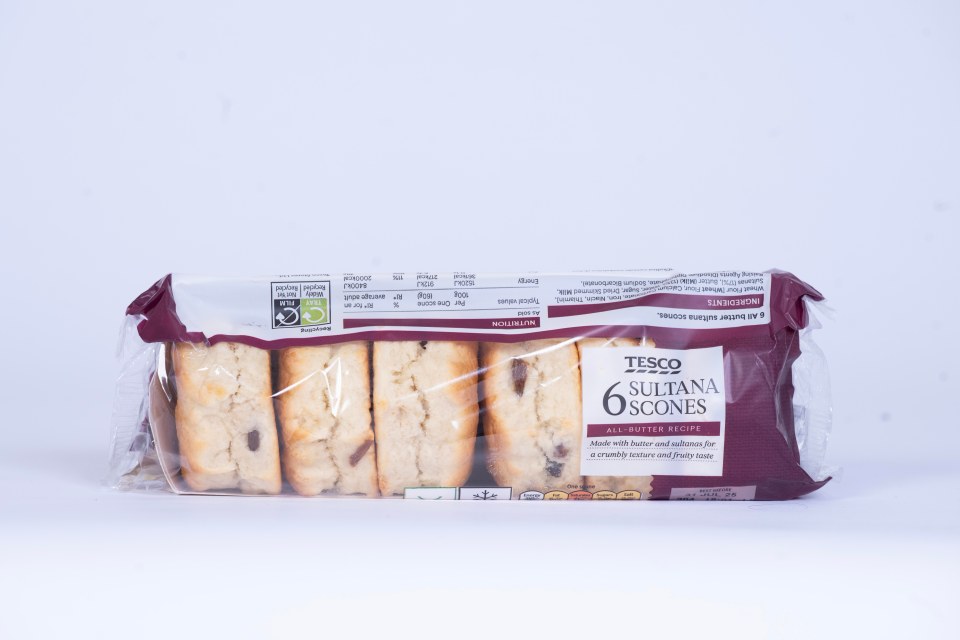 Package of Tesco sultana scones.