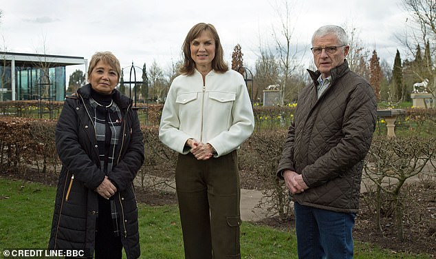 Children and grandchildren of the survivors all repeated versions of the same line: ‘He never talked about it much.’ Pictured: Fiona Bruce with two guests whose father fought on opposing sides of The Battles of Kohima and Imphal in 1944