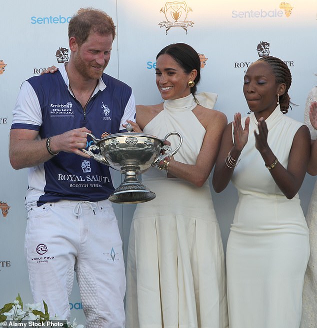 Harry and Meghan with Sentebale chairman Dr Sophie Chandauka last year