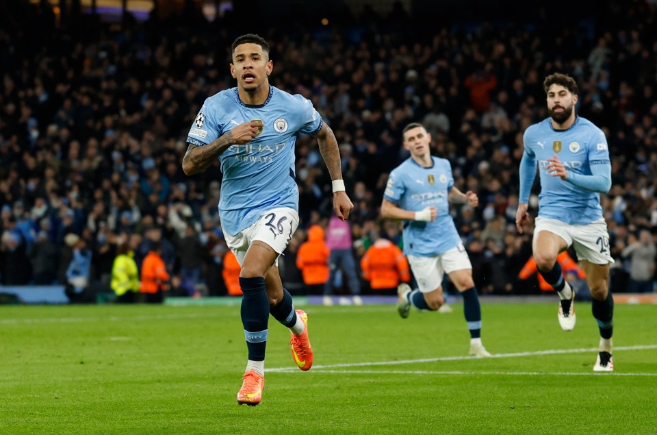 Manchester City's Savinho celebrating a goal.