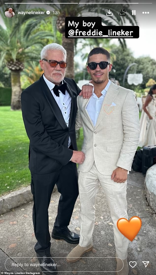 Wayne also posed for snaps alongside youngest son Freddie, 21, who cut an equally smart figure in a tan suit which he wore with a crisp white shirt