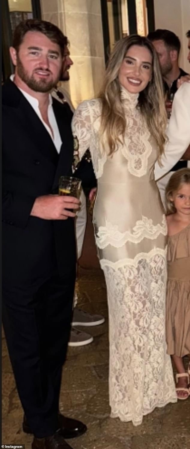Ahead of the ceremony Tia, 26, who lives in Dubai with football manager Harry, 31, and their three-year-old son Alba, threw a bash to welcome their guests (Tia and Harry pictured)