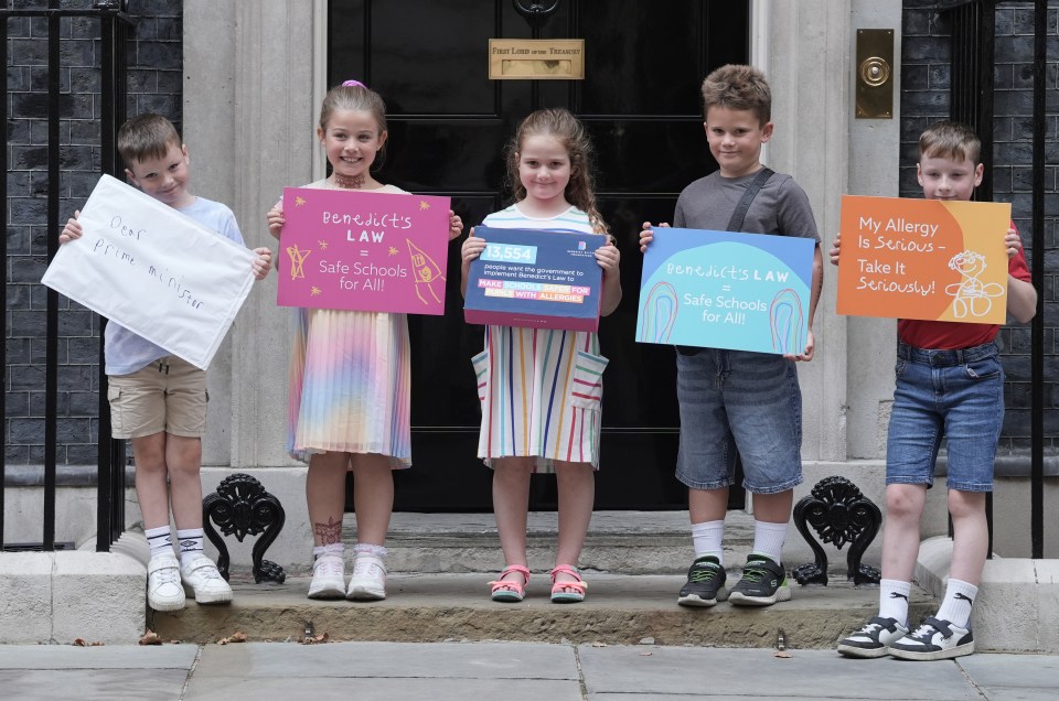 Children holding signs supporting Benedict's Law for safer schools for children with allergies, outside Downing Street.