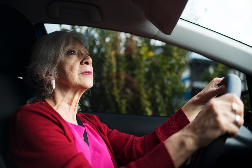 An elderly Mexican woman driving a car.