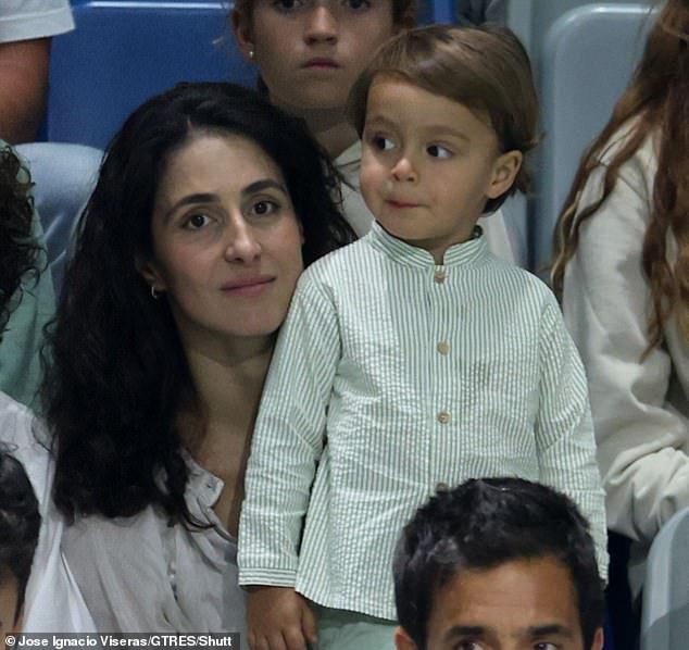 The couple are already parents to two-year-old son Rafa (pictured supporting his father at the Davis Cup 2024 in Malaga)