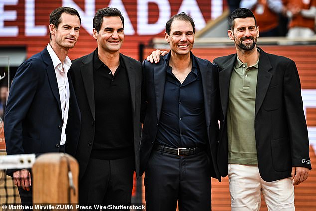 In May, twelve months after what proved to be his final match on Court Philippe Chatrier, Rafael was honoured by (L-R) Andy Murray, Roger Federer and Novak Djokovic at Roland Garros