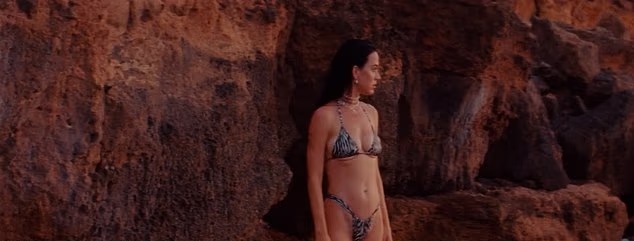 Katy Perry in a zebra-print bikini standing by rocks.