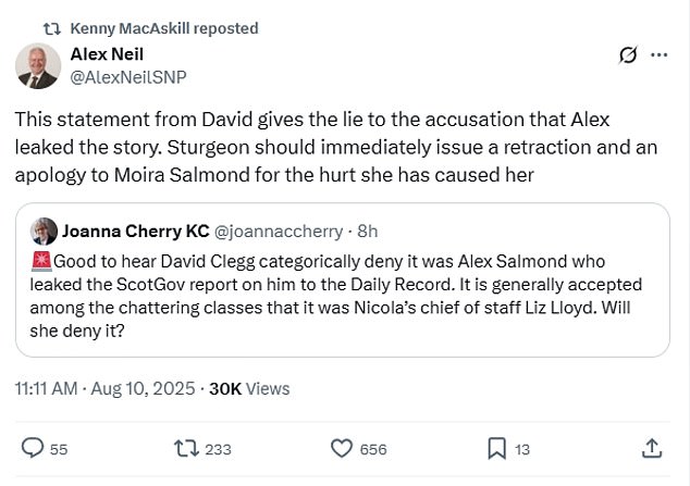 Retired SNP politician Alex Neil said Sturgeon should issue a retraction after journalist David Clegg categorically denied that Alex Salmond had leaked the report on his own sexual misconduct accusations