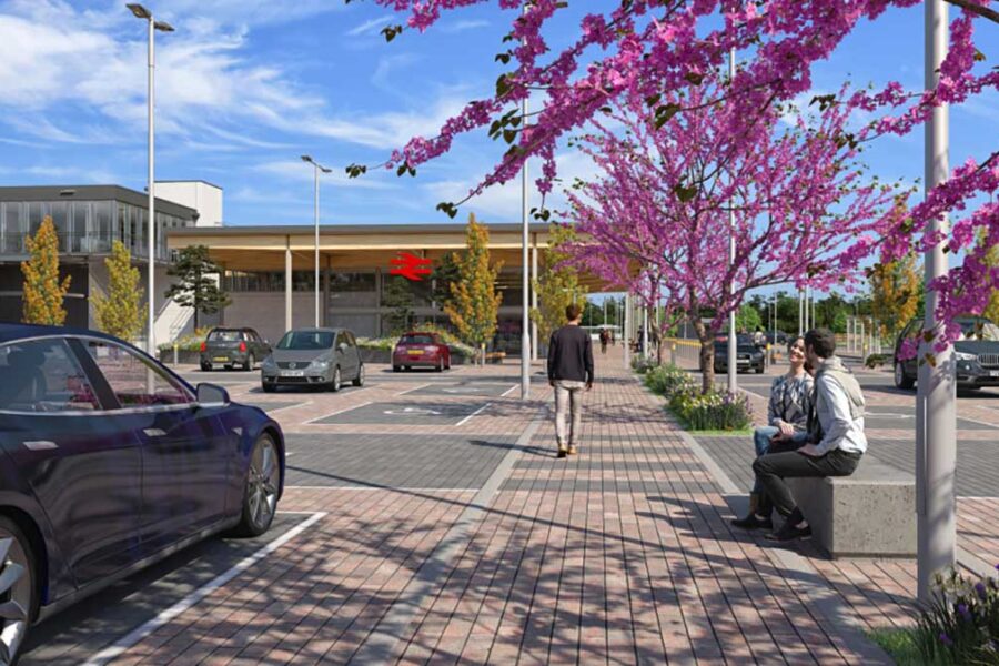 Illustration of a new train station with parking and people.