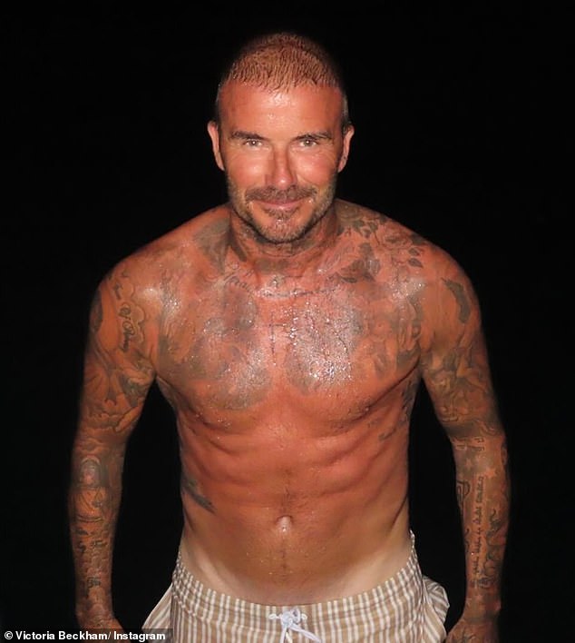 Meanwhile Victoria sent pulses racing as she shared a shirtless snap of her hunky husband as he clambered aboard the vessel following a swim in the ocean