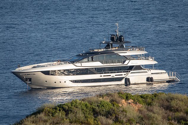 The vessel is believed to be another Riva design, the 130 Bellissima, complete with its own 20 square-metre garage, upper deck jacuzzi and lower deck swim platform
