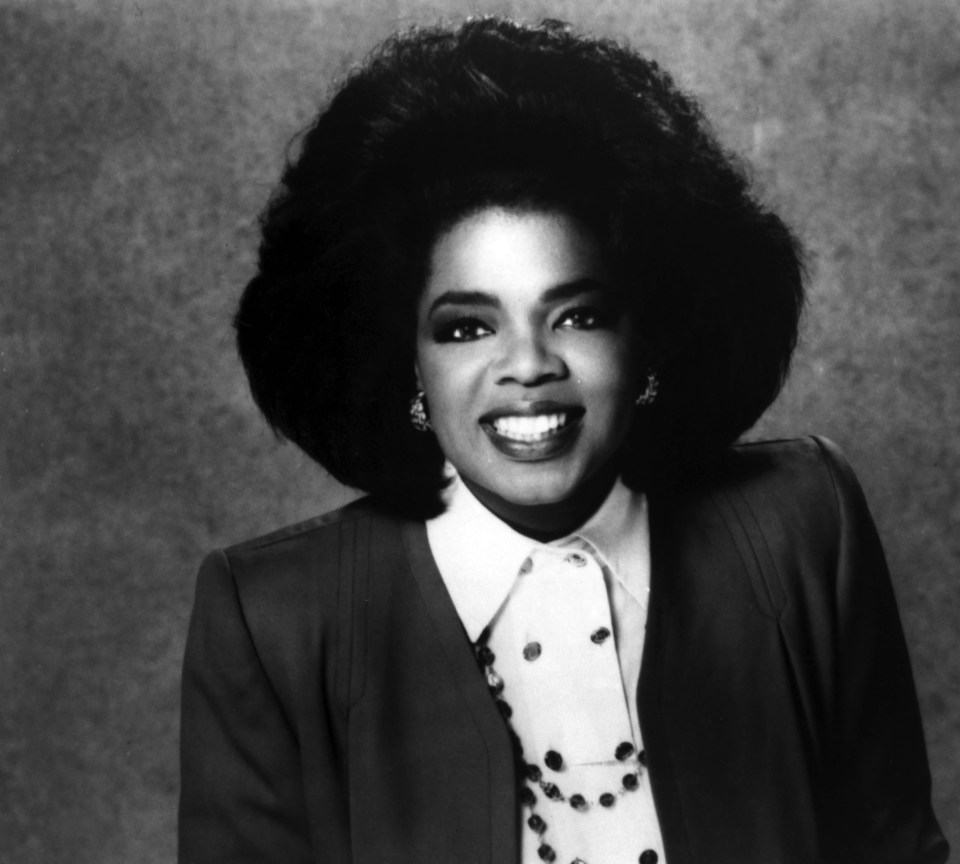 Black and white photo of Oprah Winfrey.