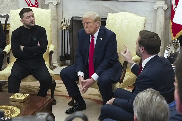 U.S. Vice President JD Vance, right, speaks with Ukrainian President Volodymyr Zelenskyy, left, as President Donald Trump listens, in the Oval Office at the White House on Feb. 28, 2025, in Washington