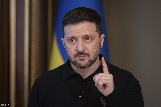 Ukrainian President Volodymyr Zelenskyy speaks during a briefing in Kyiv, Ukraine, Thursday, April 17, 2025