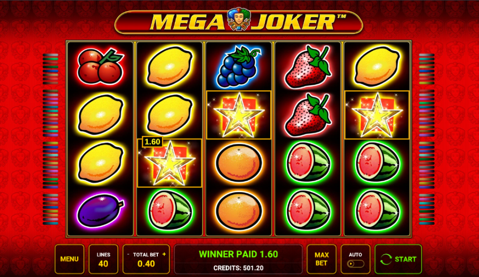 Screenshot of Mega Joker slot machine showing a winning spin.