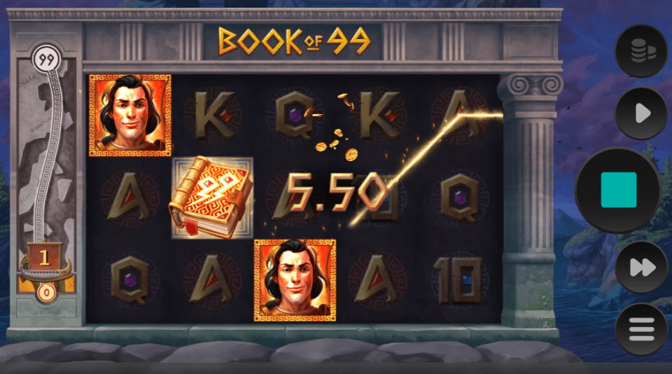 Screenshot of Book of 99 slot game showing a winning spin of 5.50.