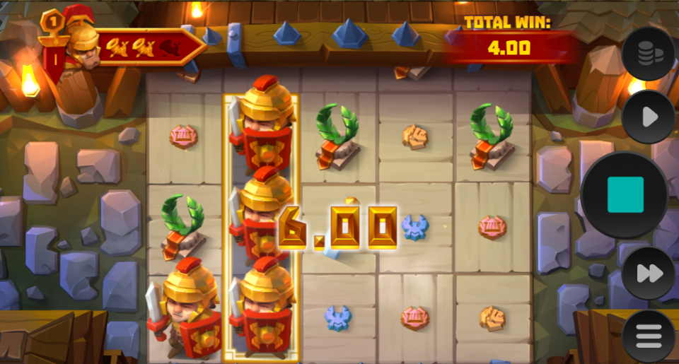Screenshot of a game showing a win of 6.00 with Roman soldier symbols.