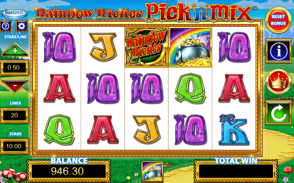 Screenshot of Rainbow Riches Pick'n Mix slot game showing a current balance of 946.30.