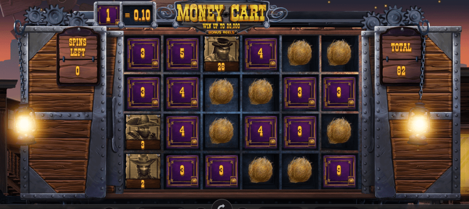 Illustration of a Money Cart slot game showing 0 spins left and a total of 82.
