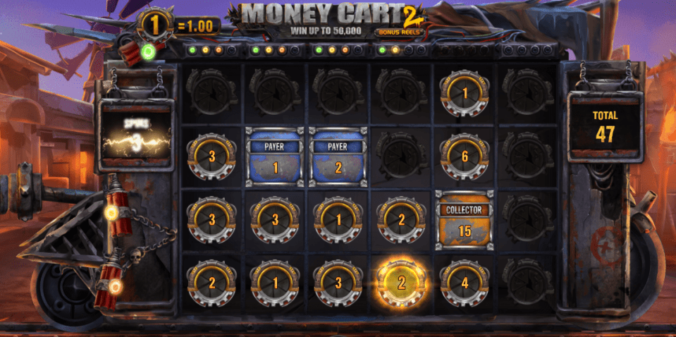 Money Cart 2 slot game showing a total of 47.