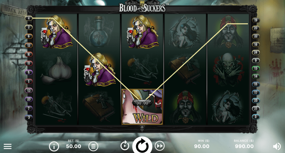 Screenshot of Blood Suckers slot game showing a winning spin.