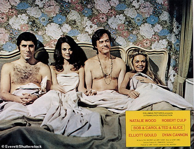 Dyan's big breakthrough was in 1969 with the release of the counterculture comedy Bob & Carol & Ted & Alice; seen with costars Elliott Gould, Natalie Wood and Robert Culp