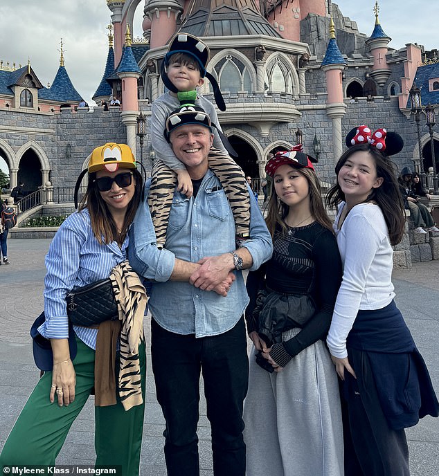 Myleene shares Apollo with her fiancé Simon Motson and Ava and Hero with her former husband (seen with Simon and the kids)