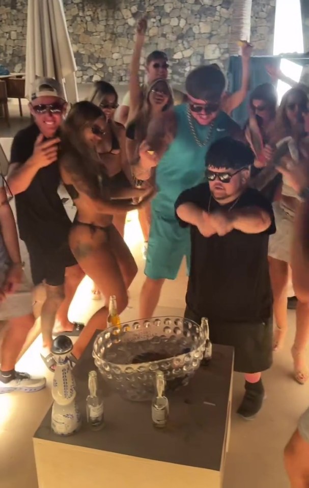 Group of people dancing at a party.