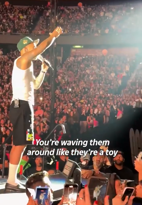 Singer performing on stage in front of a large crowd.