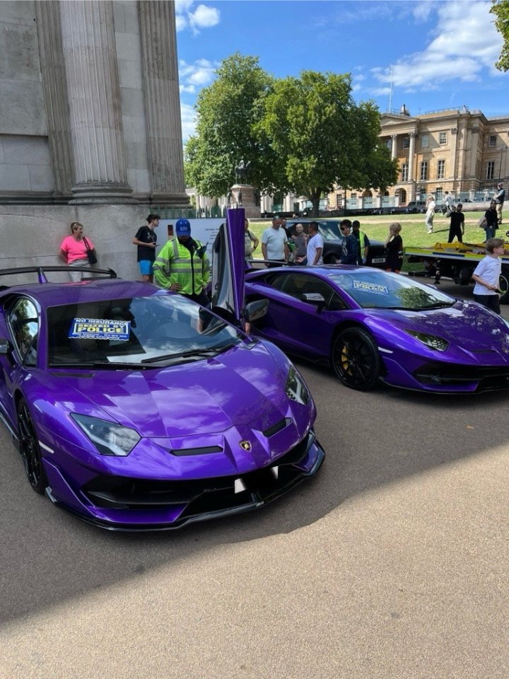 Two purple Lamborghinis seized by police.
