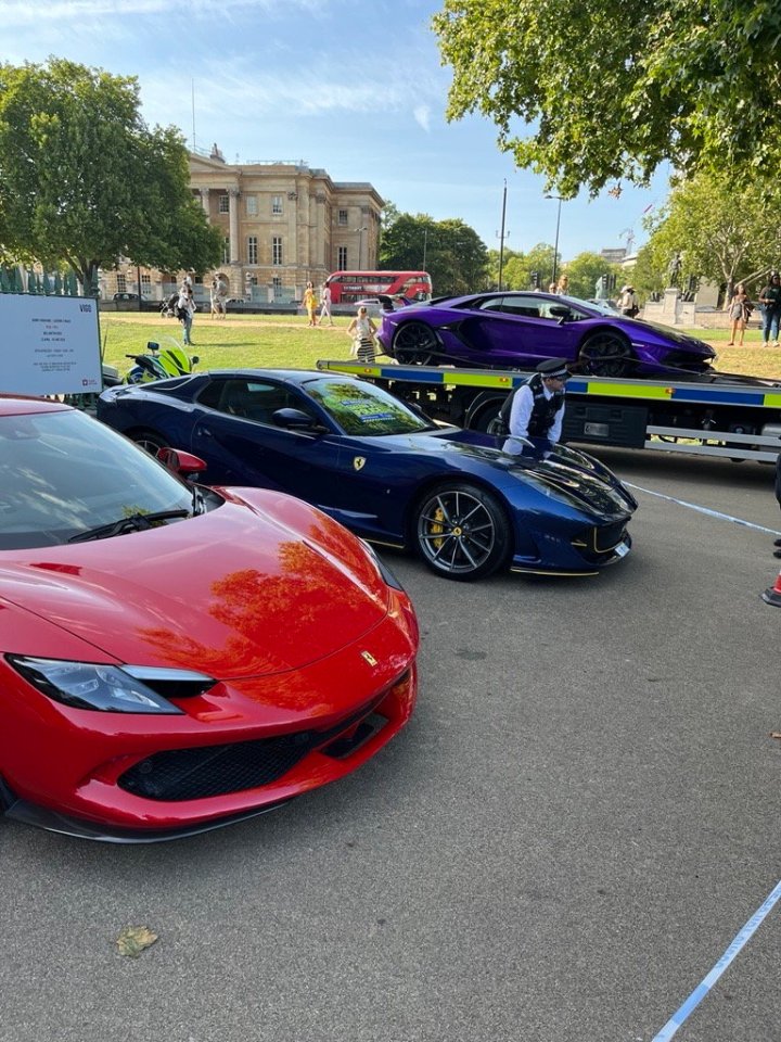Seized luxury cars, including two purple Lamborghinis, impounded by police.