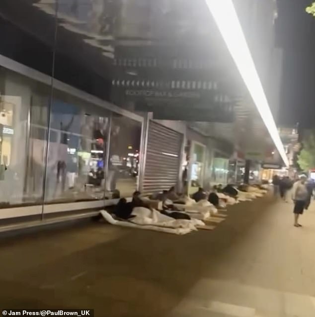 A long line of homeless people were seen under duvets and makeshift beds on Oxford Street last week