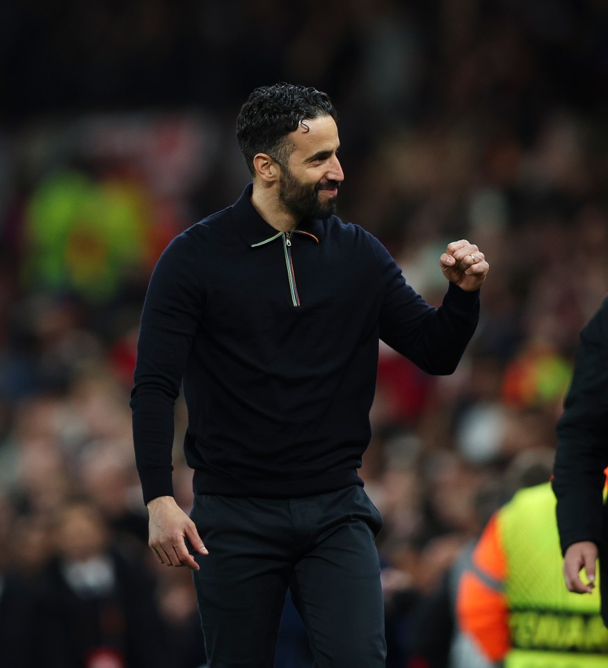 17.04.25 Manchester United v Lyon, UEFA Europa League, Quarter-Final, 2nd leg Bradley Ormesher/The Times Manchester United Manager Rúben Amorim celebrates his teams win at the end if the match