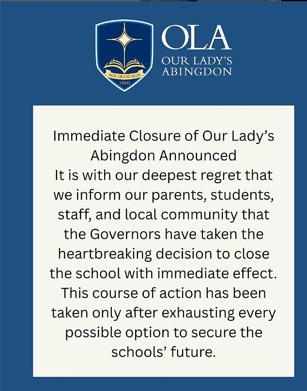 Pictured: A statement announcing the school's closure on Instagram