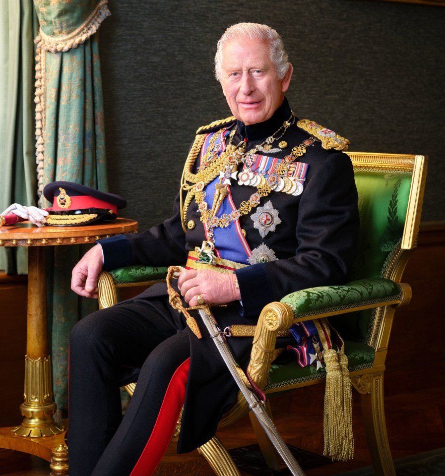 Portrait of King Charles III in full military uniform.