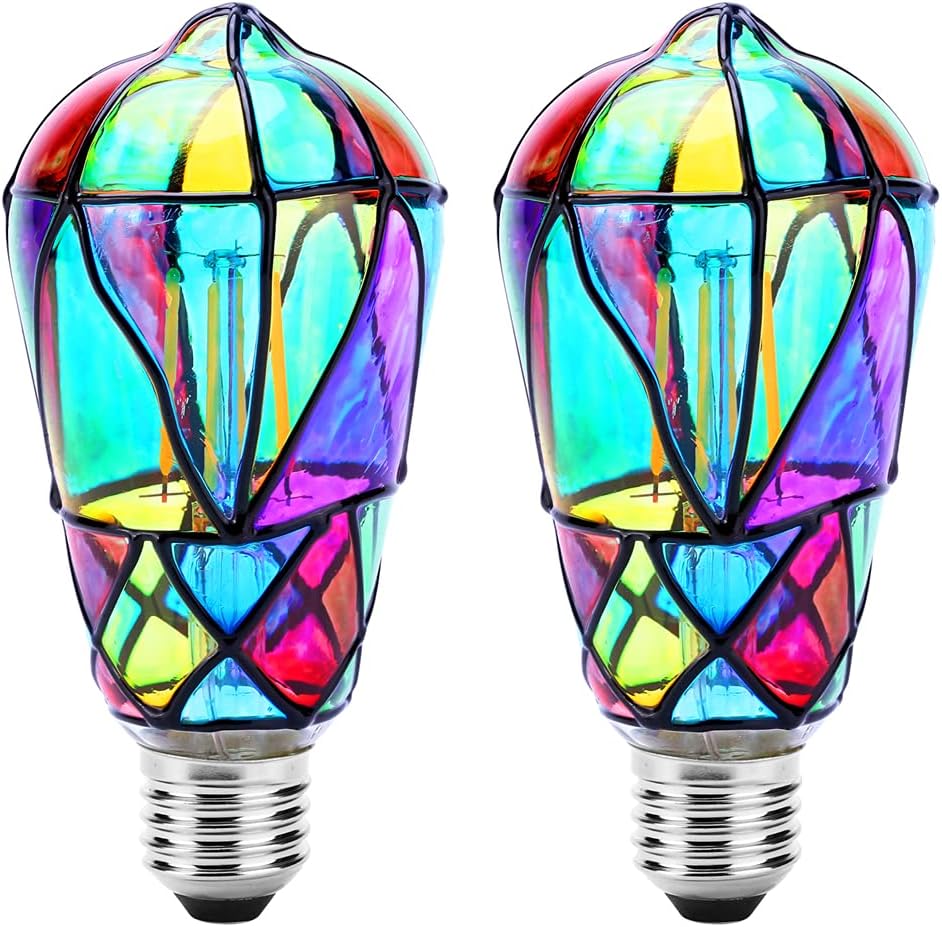 Two stained-glass light bulbs.