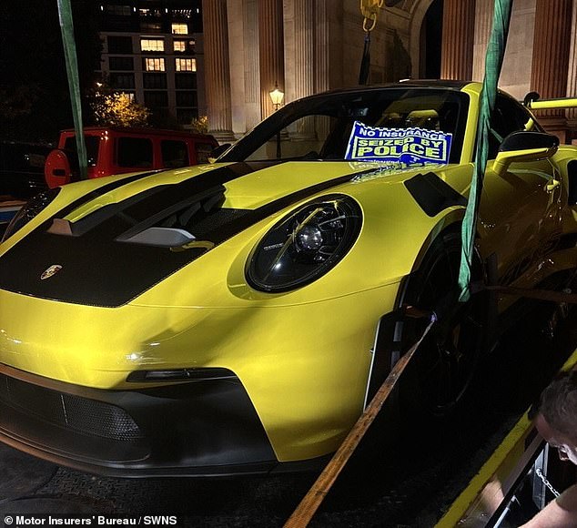 Some drivers were found to have been on the roads without a valid licence, using a mobile phone wile driving, not wearing a seatbelt and having illegally tinted windows. Pictured: a yellow Porsche confiscated during the operation