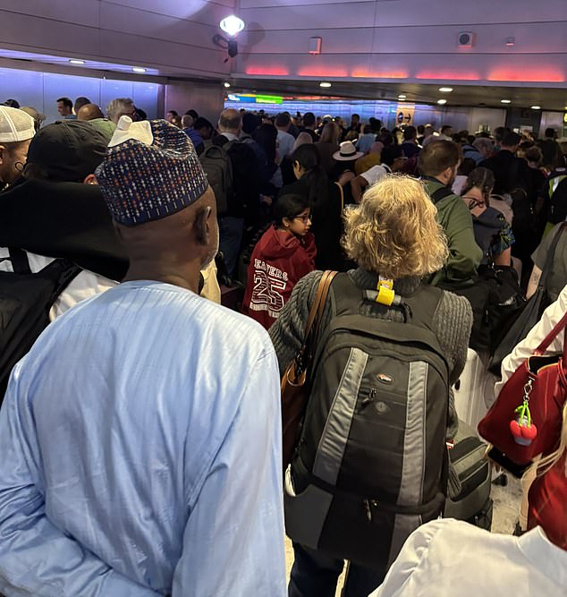 Dozens of passengers seen crammed inside the busy airport last week. Some claimed they felt like they 'were running out of air' after getting stuck in an underground tunnel