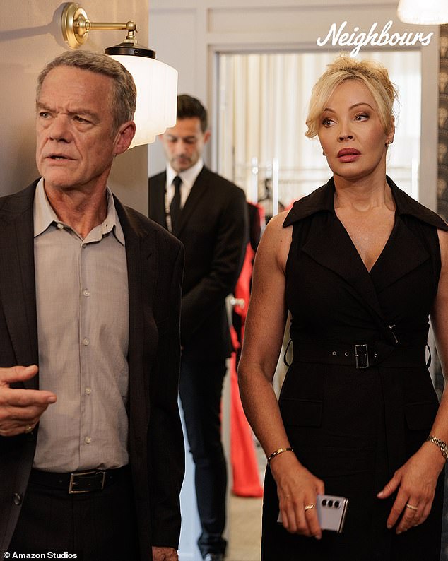 The 52-year-old blonde beauty still looks as glamorous as ever, playing the character that launched her career as an actress and in-demand pinup girl. Pictured: Kimberley as Annalise with actor Stefan Dennis in a recent episode of the long running soap