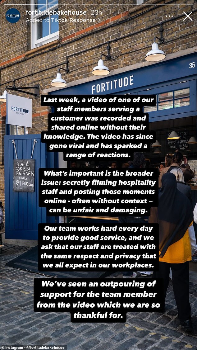 Fortitude Bakehouse shared a response to the video posted by Eat Pinoy, calling on customers to treat hospitality staff with 'respect and privacy'