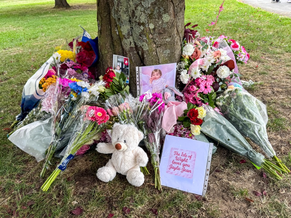 Flowers, teddy bear, and photos at a memorial for Jayla-Jean.